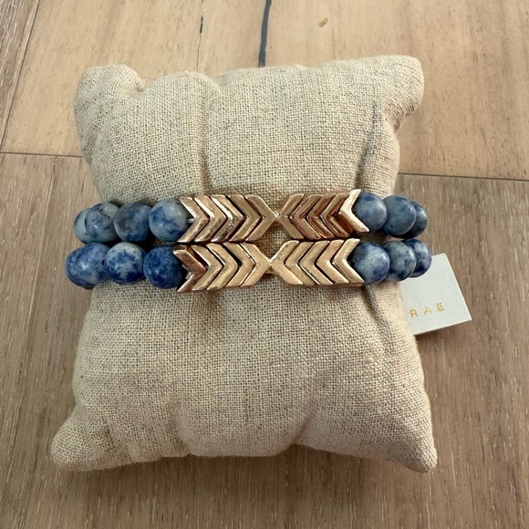 Jewelry - Blue and Gold Beaded Sodalite Stone And Chevron Bracelet Set